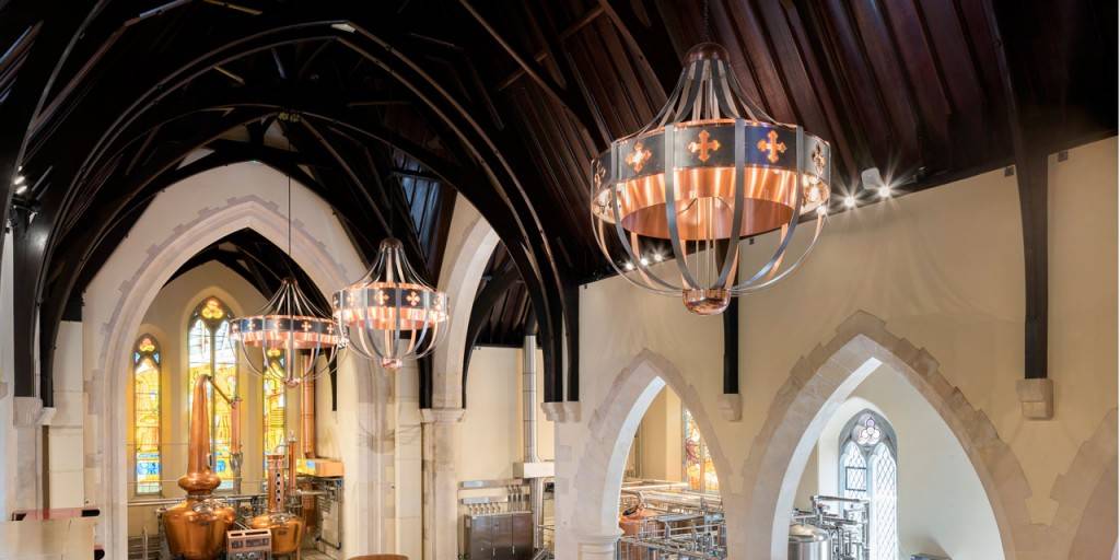 Bespoke chandeliers suspended above newly opened Pearse Lyons Distillery, Dublin