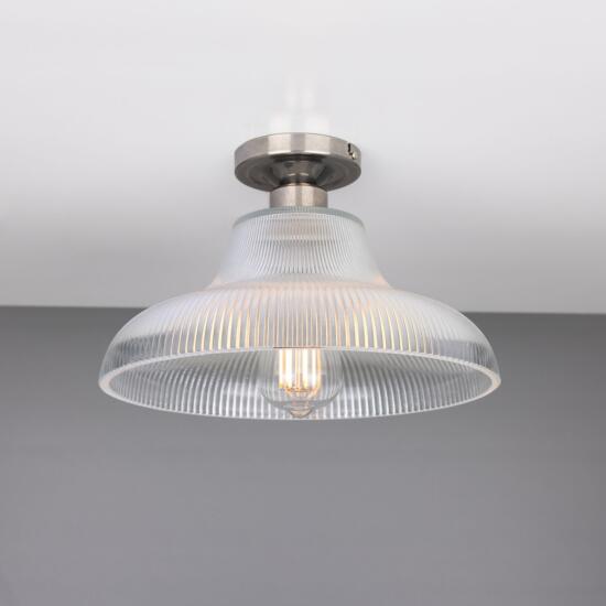Mono Industrial Holophane Glass Flush Ceiling Light 30cm, Antique Silver
