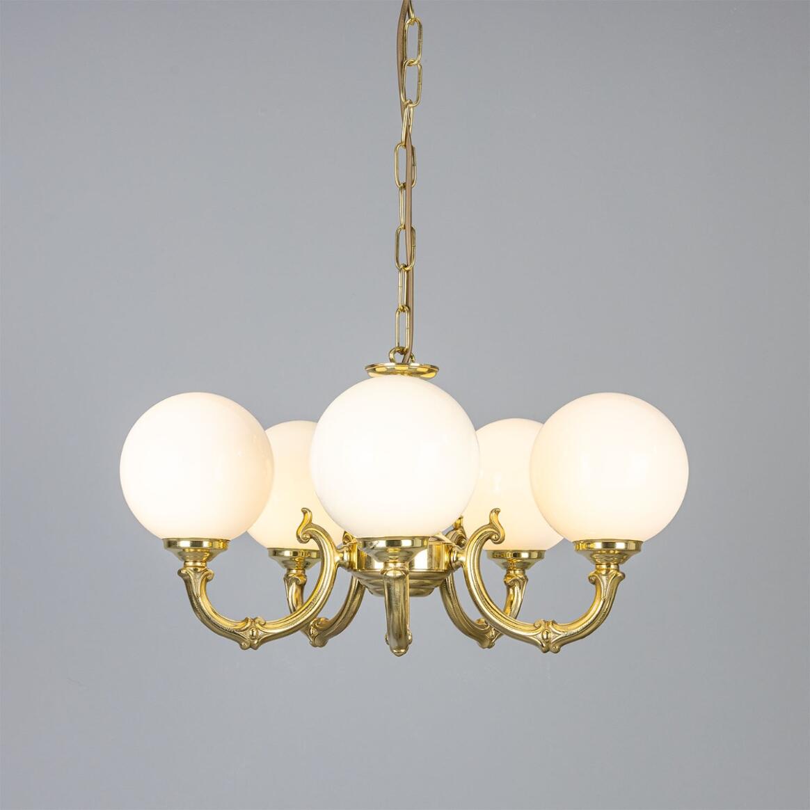 Ben Ornate Brass Chandelier with Opal Glass Globes, Five-Arm main product image