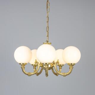 Ben Ornate Brass Chandelier with Opal Glass Globes, Five-Arm, Polished Brass