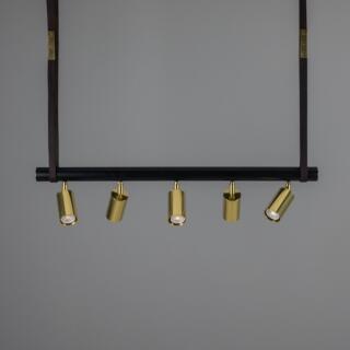 Holmes Linear Island Pendant with Leather Straps, Five-Light, Powder-Coated Matte Black and Polished Brass