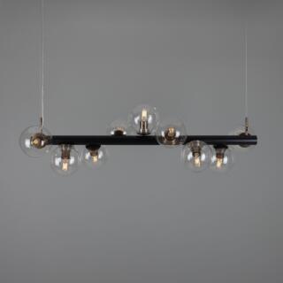 Moriarty Linear Island Pendant Light, Nine-Light, Powder-Coated Matte Black and Antique Brass with Clear Glass