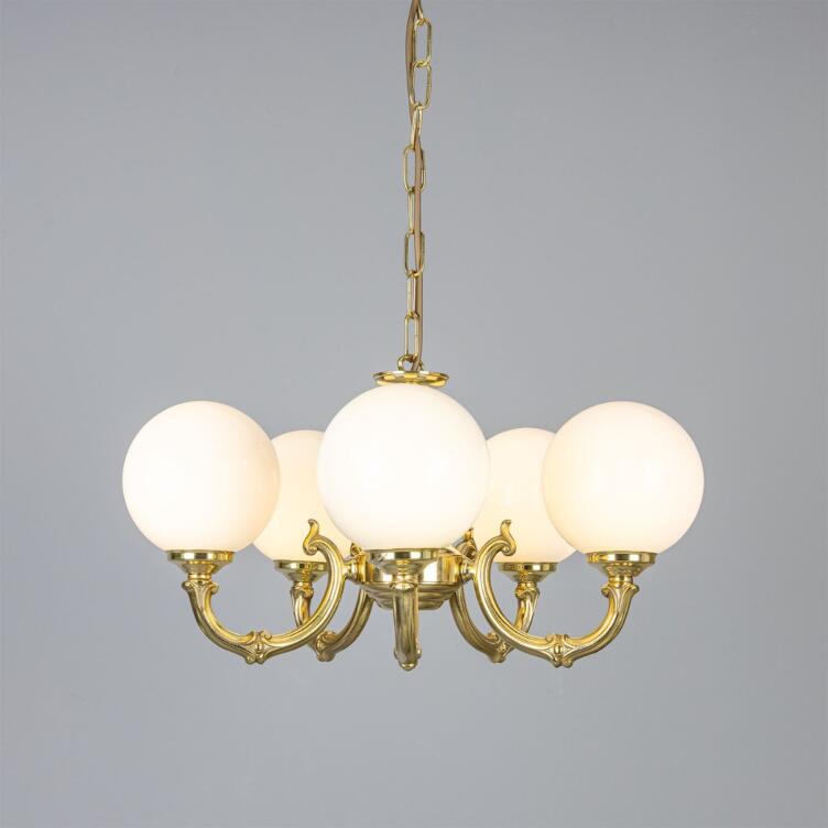 Ben Ornate Brass Chandelier with Opal Glass Globes, Five-Arm, Polished Brass