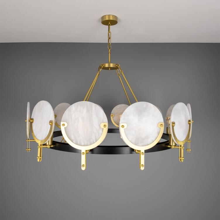 Edinburgh Alabaster Chandelier, Satin Brass and Powder-Coated Matte Black