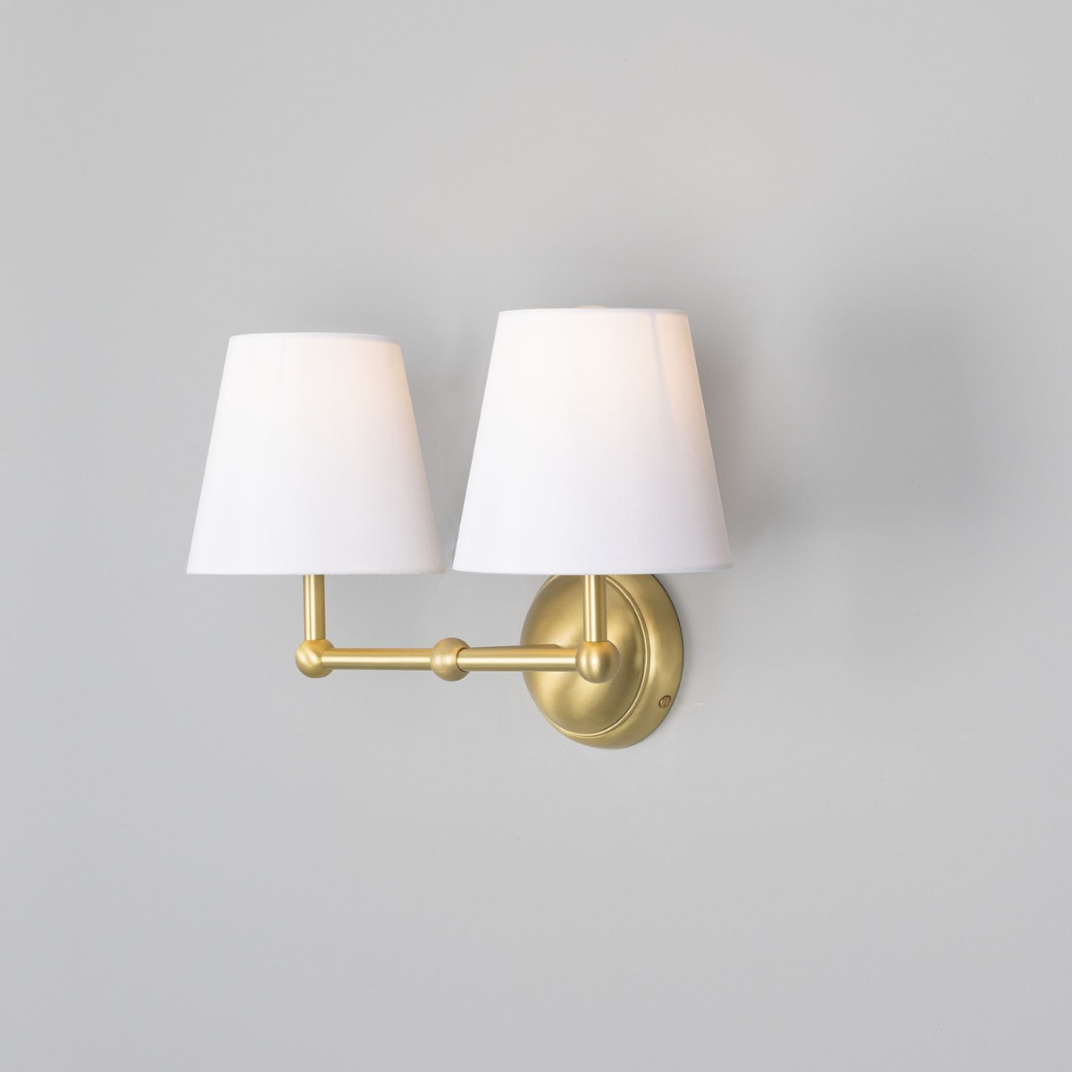 Busan Modern Brass Double Wall Light with Fabric Shades | Mullan Lighting